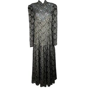 Vintage 80s Scott McClintock Midi Dress Size S Black Floral Lace Drop Waist